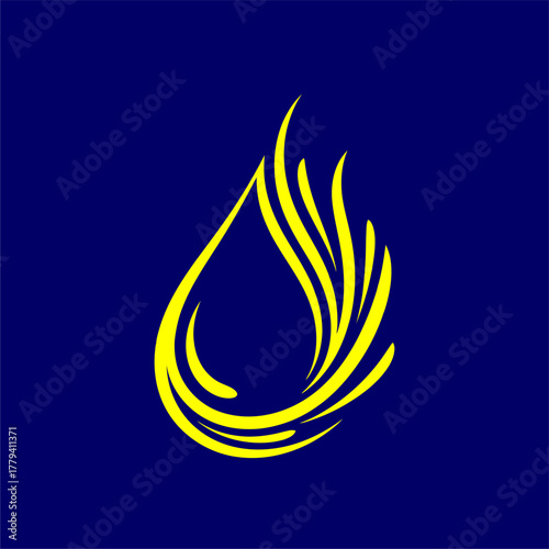 Abstract design featuring a stylized yellow water droplet with flowing lines on a deep blue background