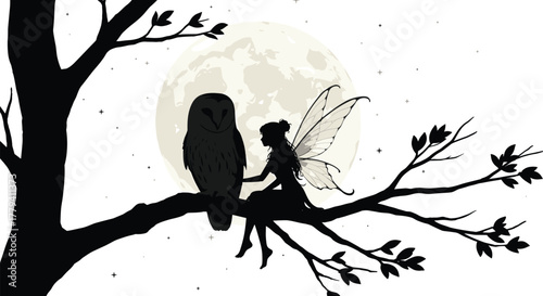 Fairy and owl silhouette vector—moonlit tree branch scene with stars, magical night composition for fantasy, nature, and story themes
