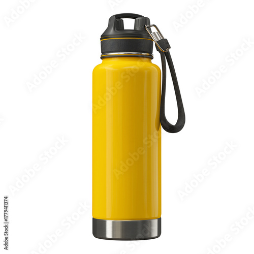 Bright Orange Water Bottle With a Black Cap and Strap for Outdoor Activities ...