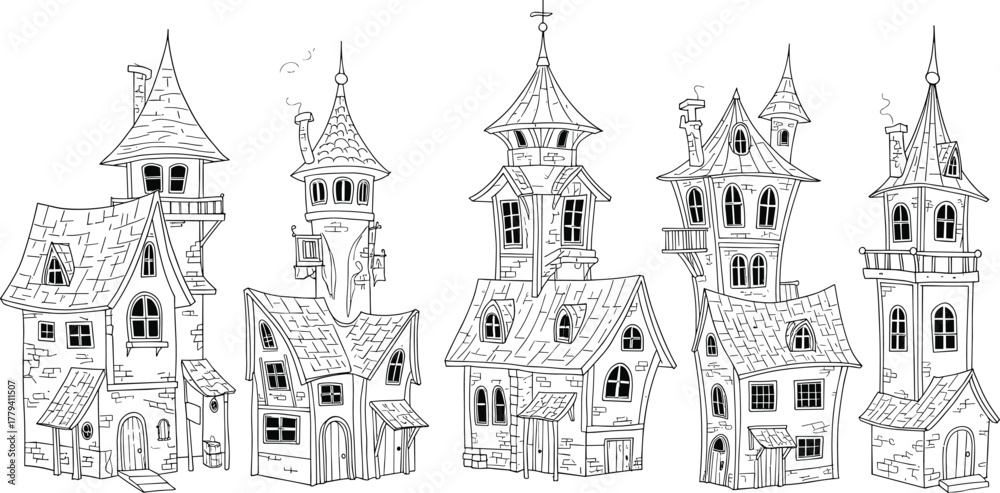 Naklejka premium Fantasy house lineup vector—storybook architecture, tall towers, quirky roofs for magical, fairytale, and imaginative design themes 