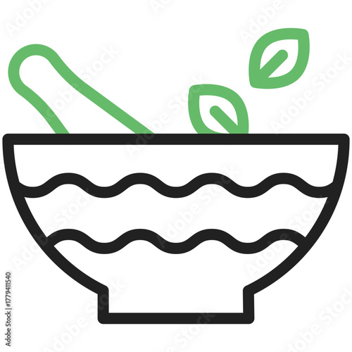 Herb bowl with Green Leaf: An illustration of a herb bowl holding green leaf and a pestle, perfect for illustrating health-related content. 