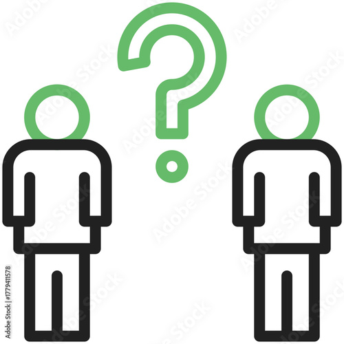 Uncertainty and Inquiry: Two figures stand in a thoughtful pose, a visual representation of questioning and pondering, with a prominent question mark hovering above them.