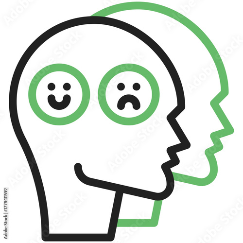Emotional Spectrum: A conceptual illustration depicting the complex interplay of emotions, featuring two head profiles displaying contrasting expressions – one joyful, the other sorrowful.