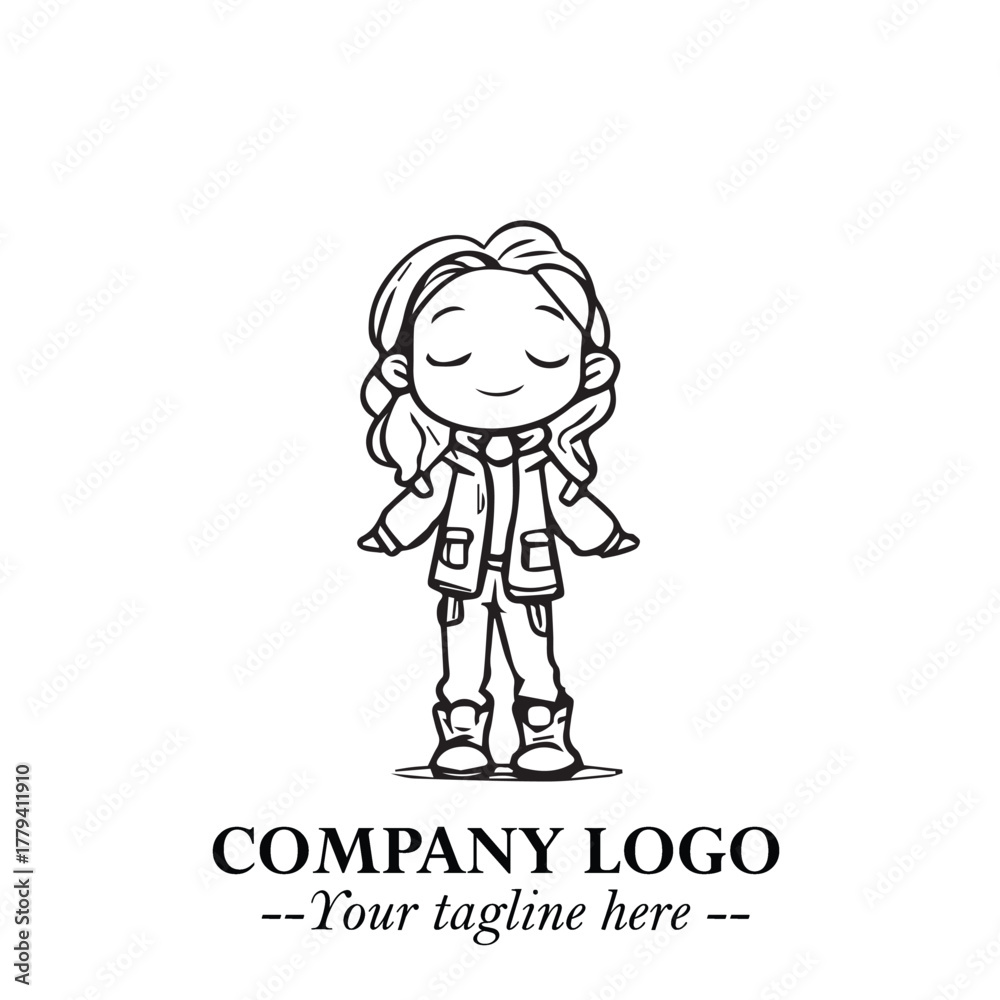 Obraz premium Black and White Chibi Girl Standing in Jacket, Pants, and Boots. Simple Bold Vector Illustration 