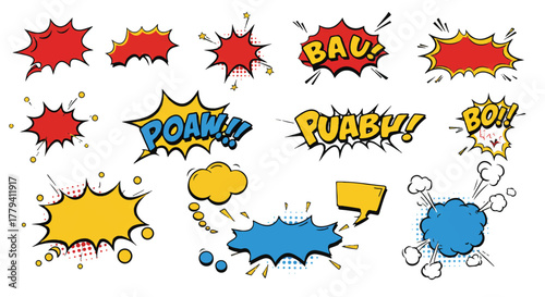 Dynamic comic style vector illustration showing powerful explosion speech bubbles, radiating outward against a clean white background, conveying shock and exciting energy.