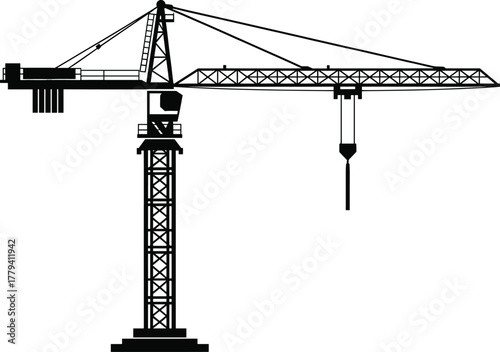 Tower crane silhouette illustration—detailed construction equipment with jib, counterweights, hook, and operator cabin, black vector industrial design