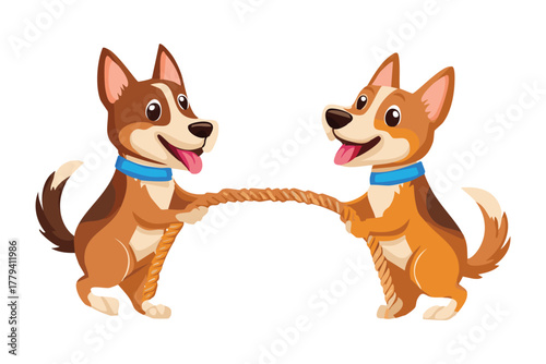 Funny dogs playing tug of war together teamwork concept vector illustration cute puppies