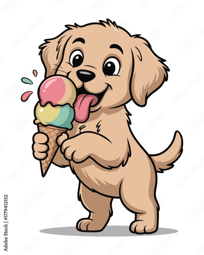 Obraz premium Cute labrador puppy holding ice cream cone vector illustration with happy smiling expression
