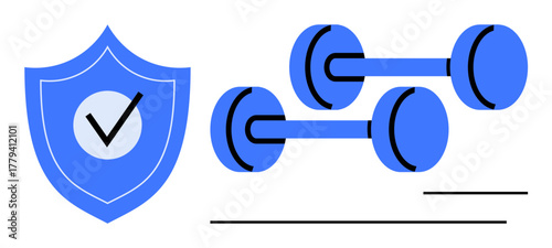 Blue shield with checkmark alongside a pair of dumbbells. Ideal for health, fitness, protection, wellness, gym safety, self-care, and strength concepts. Minimal flat metaphor