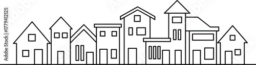 Urban house row line art vector—varied rooflines, minimal outlines, compact neighborhood for architecture, planning, and real estate themes