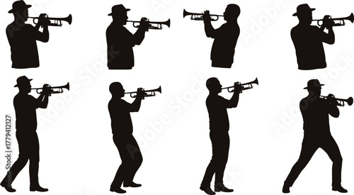 silhouette, trumpet, music, player, vector, band, jazz, musician, horn, brass, concert, performance, cad, drawing, illustration