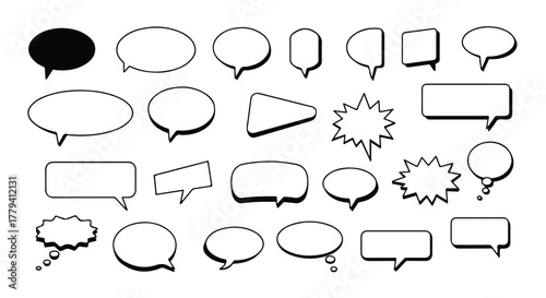 Empty speech bubbles and dialogue balloons in various different shapes, presented as a clean 2D flat vector illustration on a pure white background.