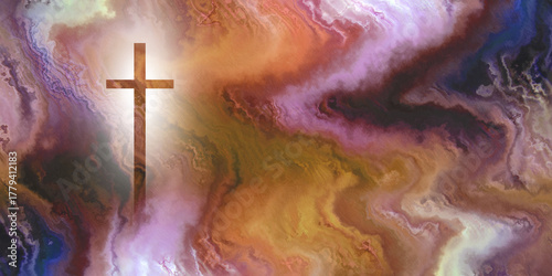 cross with backlit glow and marbled paint effect brown golden violet