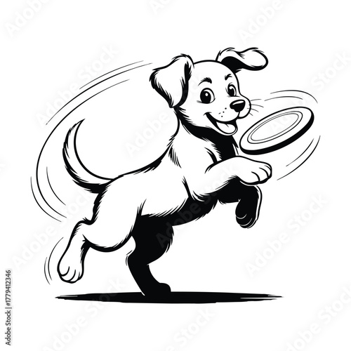Happy dog jumping to catch frisbee vector illustration isolated black and white