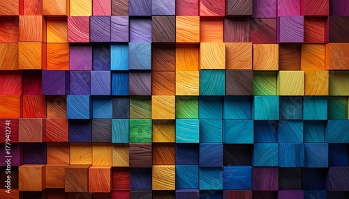 Colorful grid of square wooden blocks arranged in a smooth gradient from red to purple, showcasing texture and color theory.