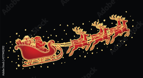 Santa claus flying in his sleigh with reindeer delivering christmas gifts at night