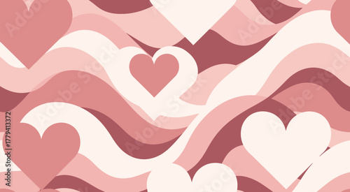 Seamless pattern of hearts and wavy lines in shades of pink and red.
