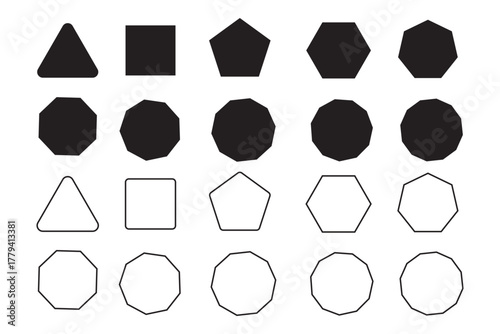 Simple Geometric Polygon Shape Icon Set with sharp and rounded corner, outline and solid style. Vector geometry pentagonal, hexagonal, octagonal polygon. Five, six, seven or eight sided polygon