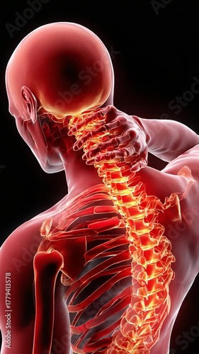 Aches and Pains: A detailed view highlights a person in pain. The image accentuates the spine, neck, and shoulder area with a blend of vibrant colors, accentuating a healthcare, wellness.