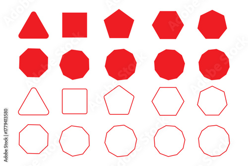 Simple Geometric Polygon Shape Icon Set with sharp and rounded corner, outline and solid style. Vector geometry pentagonal, hexagonal, octagonal polygon. Five, six, seven or eight sided polygon