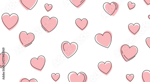 Seamless Pattern of Pink Hand-Drawn Hearts on White Background.