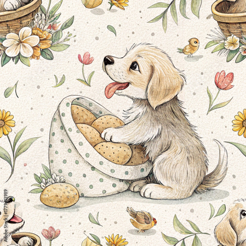 An adorable seamless pattern in a delicate watercolor style featuring a fluffy light brown puppy sitting next to a bag of bread rolls (or baked goods)