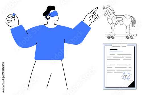 Person interacts with virtual reality, controlling 3D Trojan horse model and signing a digital document. Ideal for cybersecurity, innovation, technology, VR, digital signature, hacking, conceptual