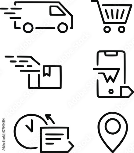 E-commerce Shipping Outline Icon Pack Courier Van, Online Order, and Fast Service