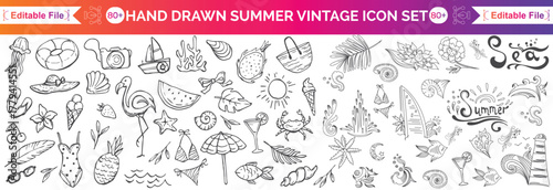 Hand-drawn beach-themed vector set with summer doodles like waves, palm trees, shells, crabs, sunglasses, and surfboards. Perfect for vacation designs, t-shirt prints, and tropical projects.