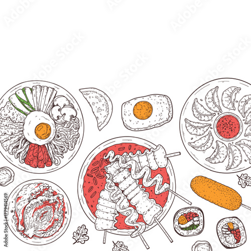 Korean food frame. Hand drawn top view Korean food dishes vector sketch illustration. Bibimbap, odeng, kimcgi, mandu, corn dog, kimbap, egg bread