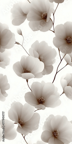 A floral pattern with white flowers and a white background. The flowers are arranged in a way that creates a sense of movement and flow. Scene is serene and calming