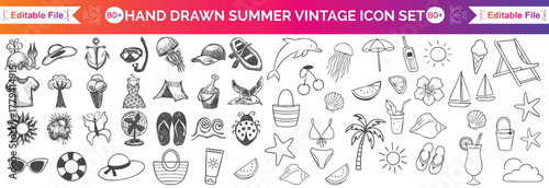 Hand-drawn beach-themed vector set with summer doodles like waves, palm trees, shells, crabs, sunglasses, and surfboards. Perfect for vacation designs, t-shirt prints, and tropical projects.