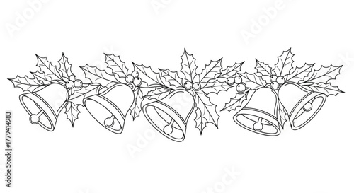 Festive christmas border with holly leaves and berries and jingle bells outline