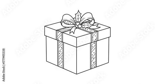 Hand drawn christmas gift box with ribbon and holly berry decoration outline