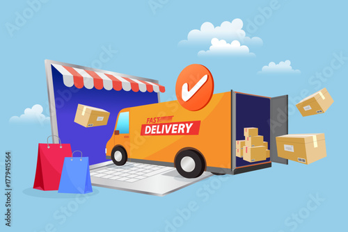 A fast delivery truck filled with packages drives out of a laptop storefront after a successful order confirmation. This scene symbolizes the e-commerce logistics and fast shipping process.