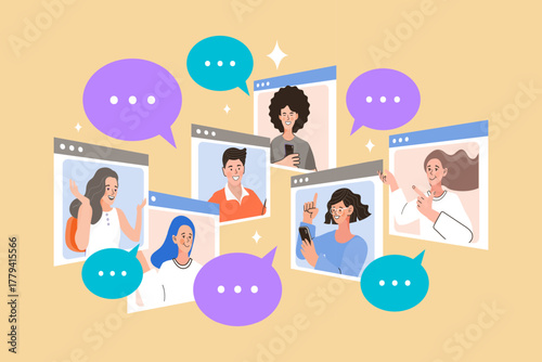 A diverse team of people collaborates through video call windows, using chat messages to communicate. This outline scene illustrates a virtual meeting, remote work, and digital collaboration.