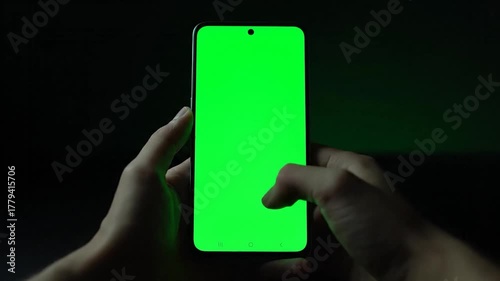 Hands holding a smartphone with a green screen, set against a dark backdrop