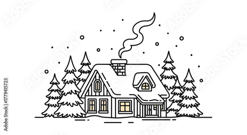 Cozy winter cabin retreat nestled among snowcovered pine trees in a peaceful scene