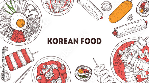 Korean food frame. Hand drawn top view Korean food dishes vector sketch illustration. Bibimbap, tteokbokki, nakji bokkeum, kibap, odeng, corn dog, kimchi