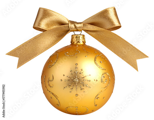 gold Christmas ball with ribbon and a bow, isolated on transparent background.