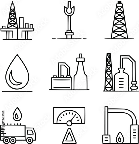 Petroleum Extraction Line Icon Collection Onshore Drilling, Pipelines, and Refinery Production