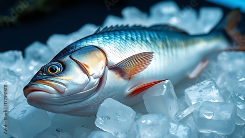 seabass. Fresh sea bass on ice, its glistening scales captured in cool, crisp detail. menu design, packaging mockups, designed for food delivery and cloud-kitchen brand materials.