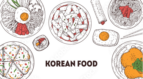 Korean food frame. Hand drawn top view Korean food dishes vector sketch illustration. Bibimbap, pajeon, kimbap, tteokbokki, japchae, samgyetang, egg bread