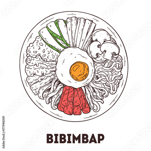 Bibimbap sketch. Korean food. Hand drawn vector illustration. Top view.