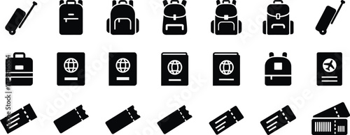 Collection of travel icons including suitcases backpacks passports and tickets isolated on transparent background