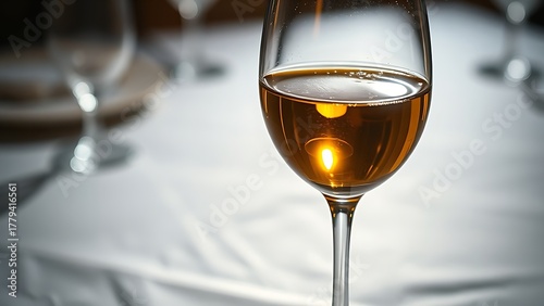 refractive. Crystal wine glass with golden liquid, backlight creating a refractive glow on textured cloth. bar promotions, beverage menus, designed for product packaging and bar promotions.