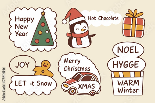 Festive Holiday Season Doodles Featuring Christmas New Year and Winter Themes with Cute Characters