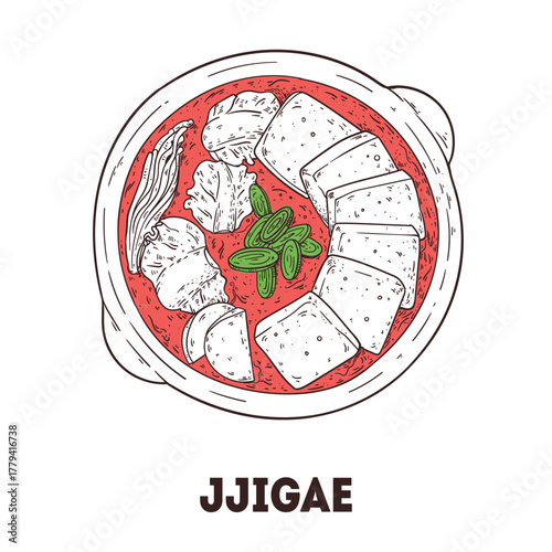 Seafood soup Sundubu jjigae sketch. Korean food. Hand drawn vector illustration. Top view.