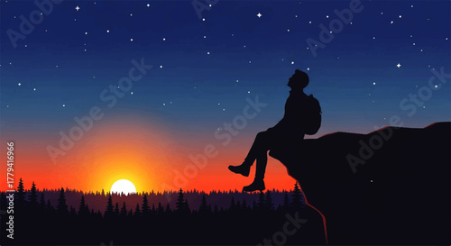 Silhouette of a person sitting on a cliff watching the sunset and stars.