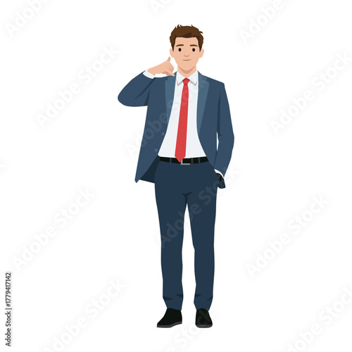 Confident businessman gestures a phone call with his hand. Call Me Anytime. Flat vector illustration isolated on white background